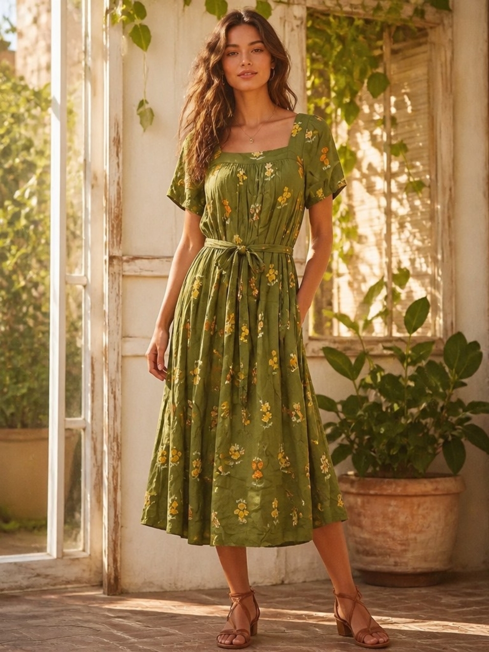 LOFT Olive Green Floral Tie-Waist Midi Dress